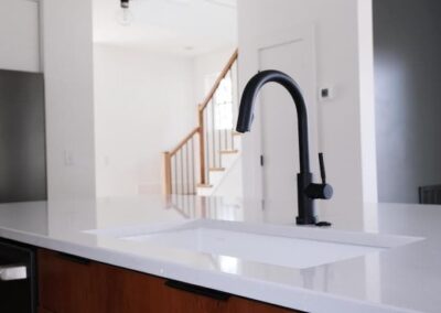 Kitchen Cabinets Raleigh Black Faucet Accents White Quartz Countertop And Sink Stylish Black Finger Pull Hardware